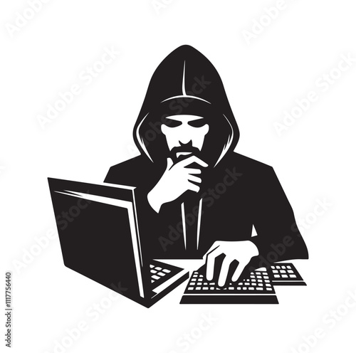 Computer hacker with laptop silhouette vector illustration