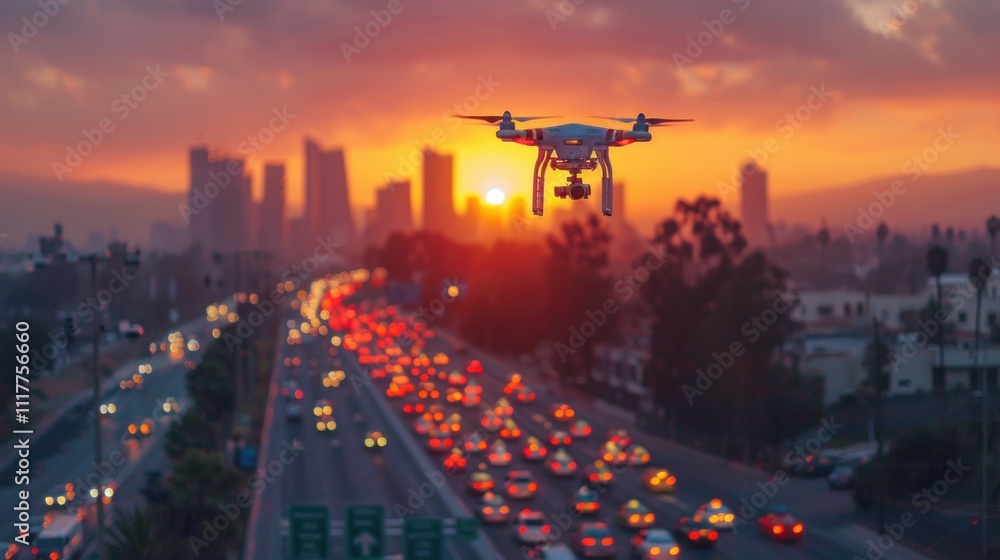 A drone flies above a busy city highway at sunset. A drone flies above a busy city highway at sunset.