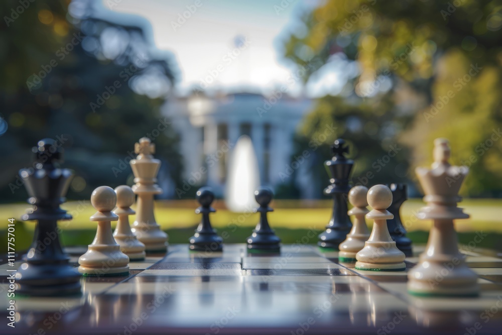 Chess Pieces Strategically Placed on Board with the White House in the Background Creating a Thoughtful Atmosphere of Strategy and Politics Chess Pieces Strategically Placed on Board with the White House in the Background Creating a Thoughtful Atmosphere of Strategy and Politics