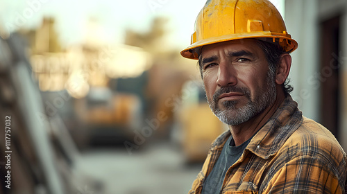 Portrait of a Construction Worker in Safety Gear at a Building Site with Blurred Background