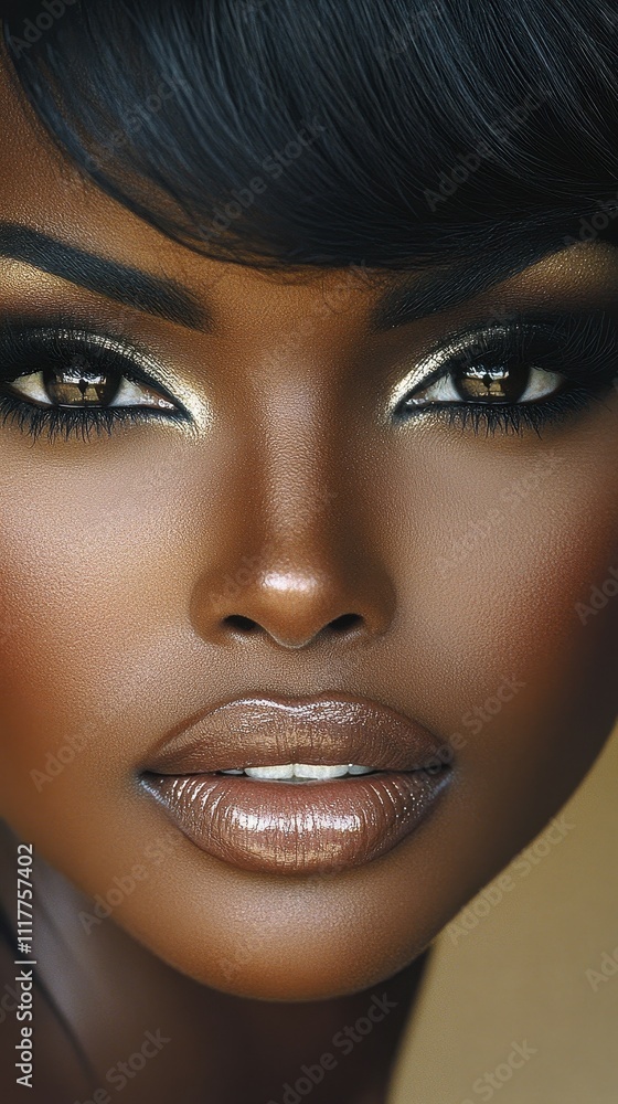 A striking close-up showcases a woman's flawless skin, beautifully applied makeup accentuating her expressive eyes and full lips, creating an enchanting appearance A striking close-up showcases a woman's flawless skin, beautifully applied makeup accentuating her expressive eyes and full lips, creating an enchanting appearance