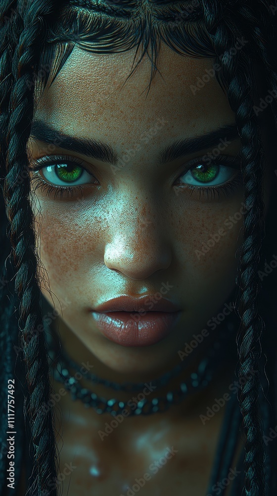 A young woman stares directly at the viewer, her vibrant green eyes reflecting light. She has braided hair, freckles across her face, and wears a simple necklace, standing in an outdoor environment A young woman stares directly at the viewer, her vibrant green eyes reflecting light. She has braided hair, freckles across her face, and wears a simple necklace, standing in an outdoor environment