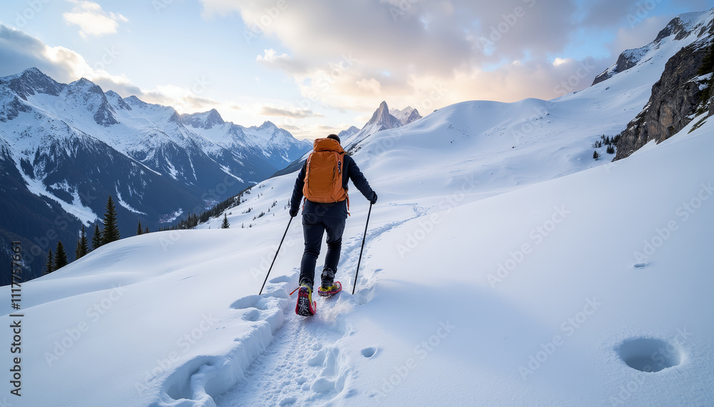 Person snowshoe hiking through snowy mountains at sunset, representing winter snowshoeing trips Person snowshoe hiking through snowy mountains at sunset, representing winter snowshoeing trips