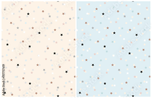 Tiny Stars Seamless Vector Patterns. Irregular Simple Starry Endless Print. Infantile Style Galaxy Design. Little Stars Isolated on a Pastel Blue and Light Beige Background. Baby Shower Pattern.
