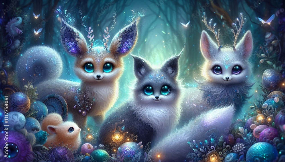 Whimsical animals with ethereal features like glowing eyes and shimmering fur in a mystical, enchanted forest setting. Whimsical animals with ethereal features like glowing eyes and shimmering fur in a mystical, enchanted forest setting.