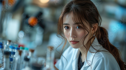 A focused scientist examines research data while working in a laboratory, surrounded by equipment and documents.