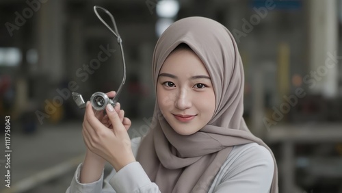 Confident Muslim Female Engineer Inspecting Machine Part in Factory