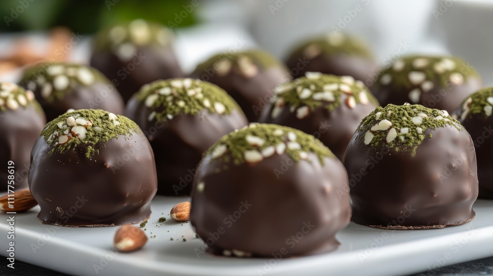 A plate of dark chocolate truffles topped with matcha powder and garnished with almonds, perfect for dessert or gourmet presentation.. A plate of dark chocolate truffles topped with matcha powder and garnished with almonds, perfect for dessert or gourmet presentation..
