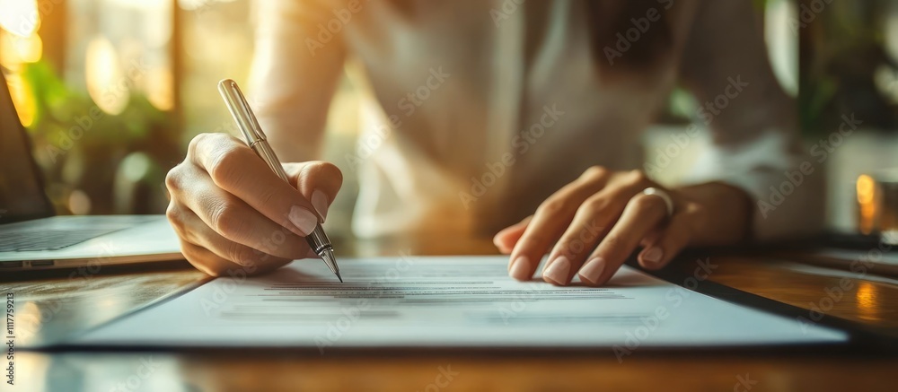 Close-up of a woman's hand signing a document with a pen. Close-up of a woman's hand signing a document with a pen.