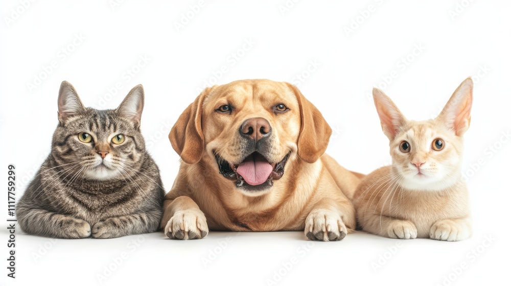 A Labrador retriever and cats and rabbit lying side by side on a white background, symbolizing pet friendship and harmony.. A Labrador retriever and cats and rabbit lying side by side on a white background, symbolizing pet friendship and harmony..