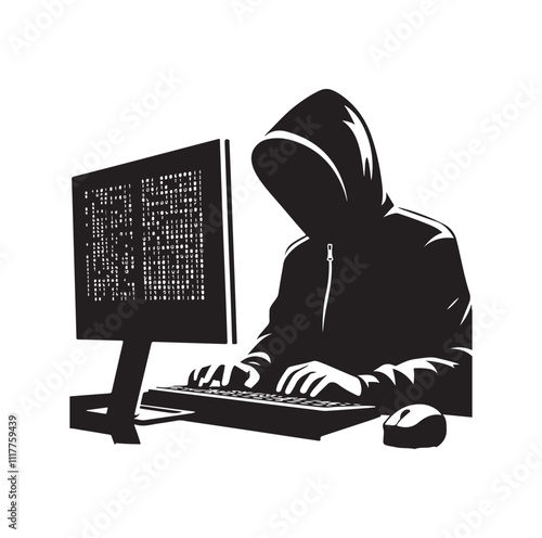 Computer hacker with laptop silhouette vector illustration