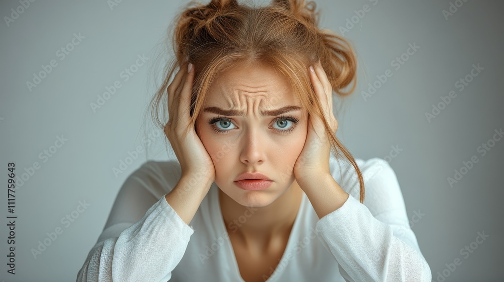 A close-up of a young woman with a distressed expression, holding her head in frustration, symbolizing stress or worry.. A close-up of a young woman with a distressed expression, holding her head in frustration, symbolizing stress or worry..