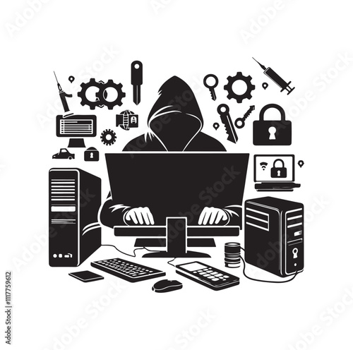 Computer hacker with laptop silhouette vector illustration