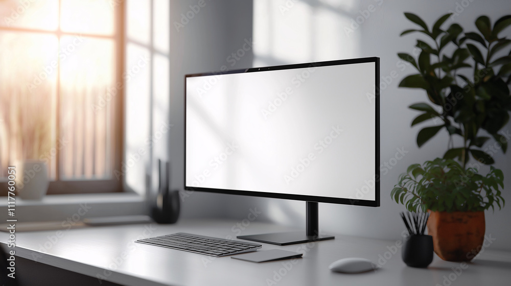 Home office workspace modern room digital display natural light professional atmosphere Home office workspace modern room digital display natural light professional atmosphere