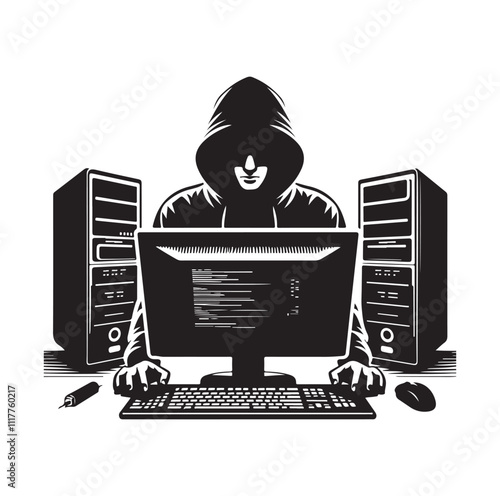 Computer hacker with laptop silhouette vector illustration