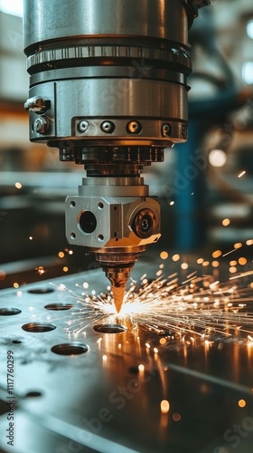 A laser cutting machine operates in a manufacturing facility, precisely cutting through metal while producing bright sparks, showcasing advanced technology in metal fabrication