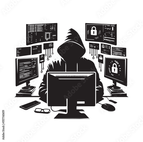 Computer hacker with laptop silhouette vector illustration