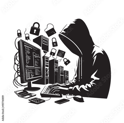 Computer hacker with laptop silhouette vector illustration
