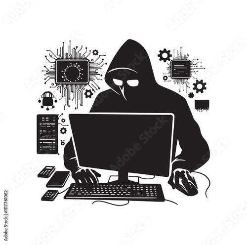 Computer hacker with laptop silhouette vector illustration