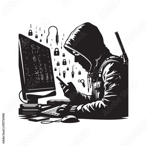 Computer hacker with laptop silhouette vector illustration