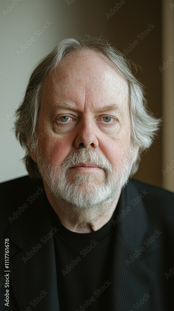 The older man appears deep in thought, with gray hair framing his face and a subtle beard. He is dressed in dark clothing against a softly lit background, emphasizing his contemplative demeanor The older man appears deep in thought, with gray hair framing his face and a subtle beard. He is dressed in dark clothing against a softly lit background, emphasizing his contemplative demeanor