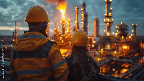 Engineers in protective gear watching a burning flare stack at an oil refinery, illustrating energy industry operations and safety practices.