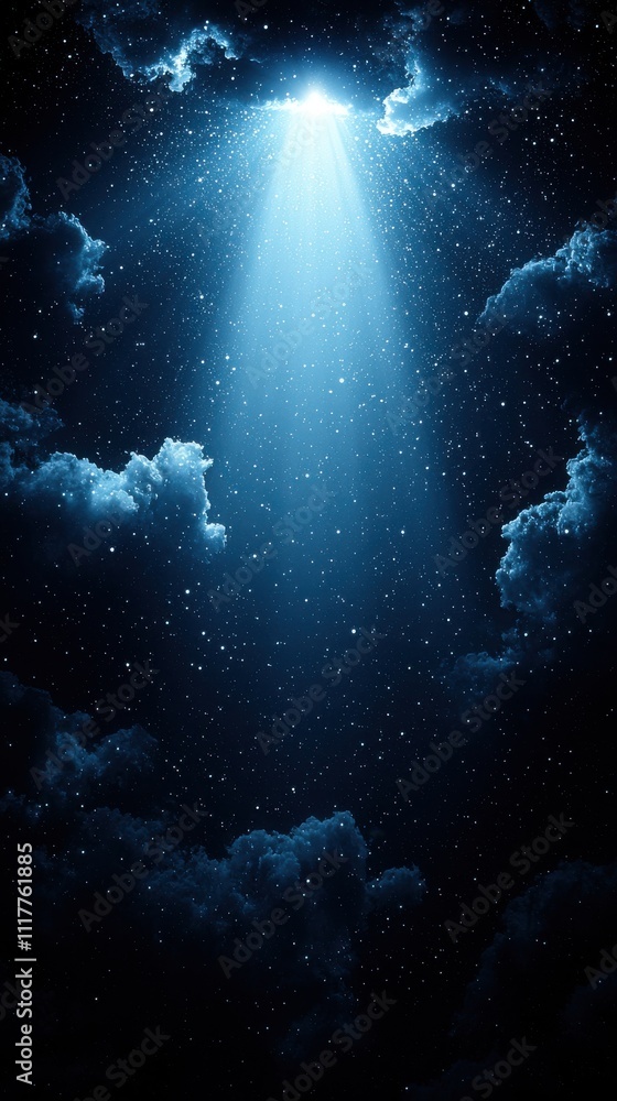 Fototapeta premium Mysterious blue light shining through dark clouds at night creating a surreal atmosphere