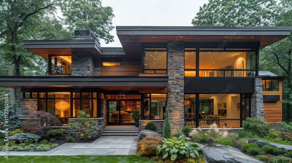 Modern house with a sleek design and large windows, showcasing contemporary architecture. Modern house with a sleek design and large windows, showcasing contemporary architecture.