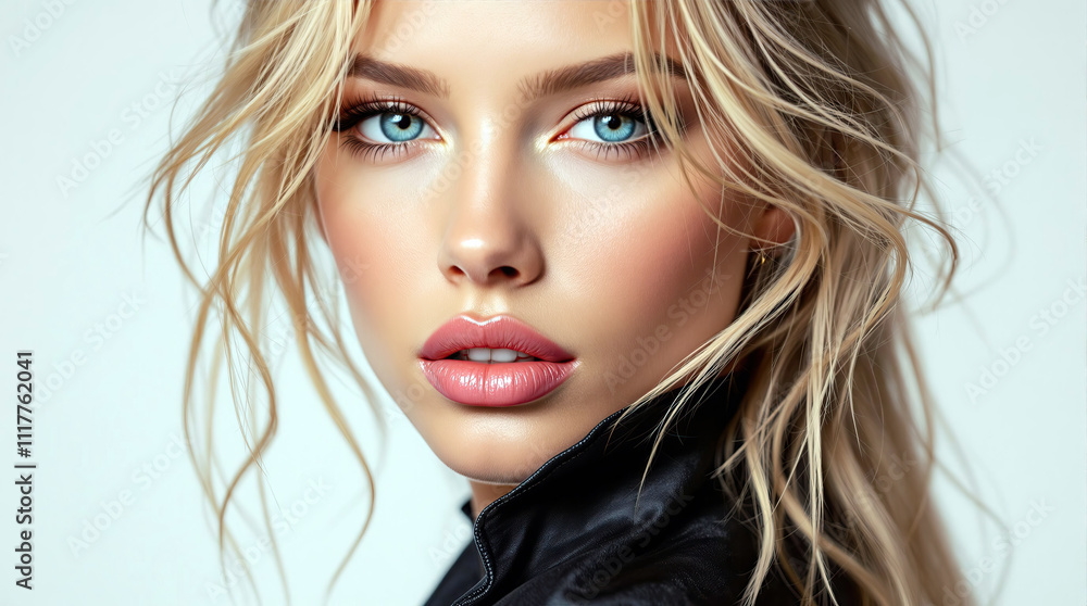 Fototapeta premium close-up of beeautiful elegant blonde woman with striking blue eyes soft makeup glowing skin beauty lifestyle modern fashion elegance youthful appearance