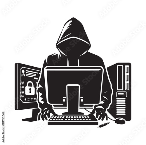 Computer hacker with laptop silhouette vector illustration