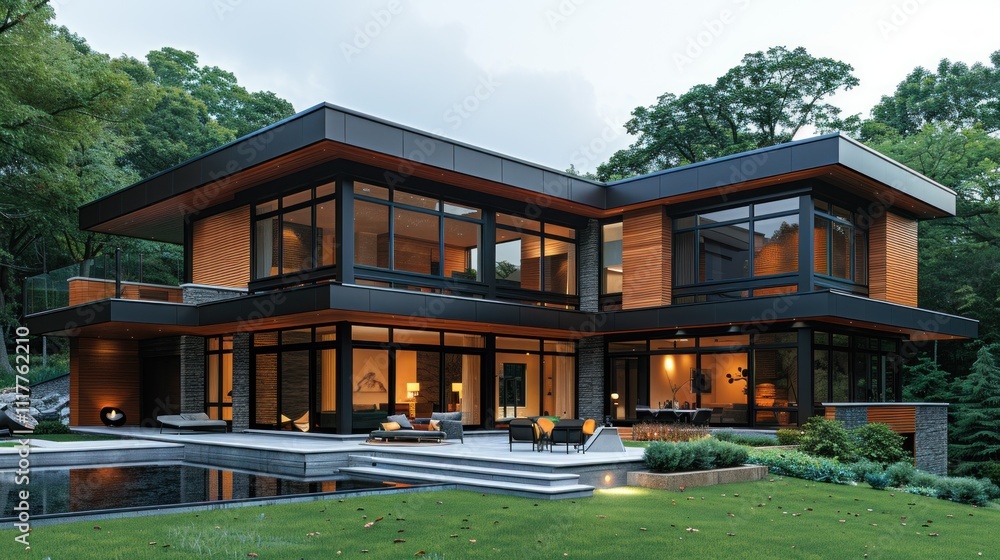 Modern house with a sleek design and large windows, showcasing contemporary architecture. Modern house with a sleek design and large windows, showcasing contemporary architecture.