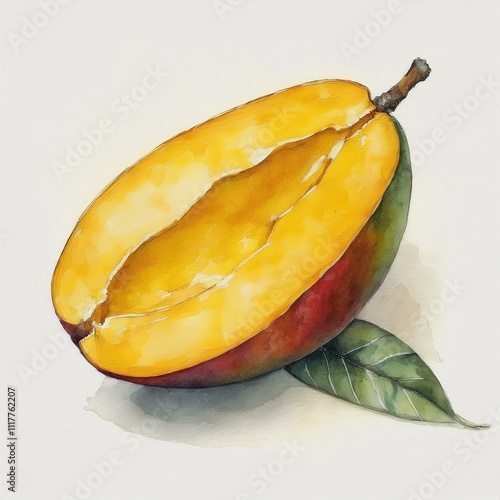 This is a vibrant and rustic watercolor illustration of a mango, perfect for ecobranding and food blogs alike photo