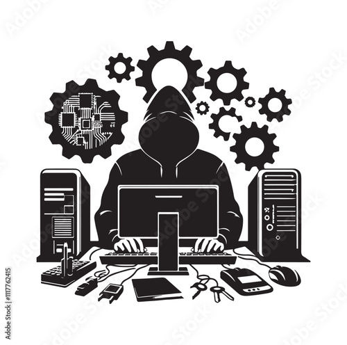 Computer hacker with laptop silhouette vector illustration
