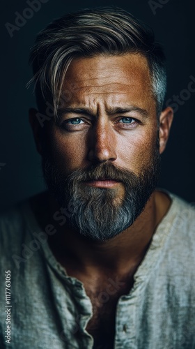 A man with a well-groomed beard and clear blue eyes gazes thoughtfully into the distance. The soft lighting accentuates his facial features and adds depth to the image