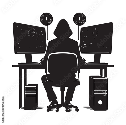 Computer hacker with laptop silhouette vector illustration