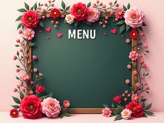 Floral menu chalkboard design with rose and daisy border for romantic event decor valentine's day celebration