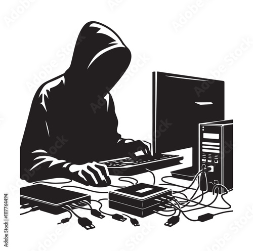 Computer hacker with laptop silhouette vector illustration