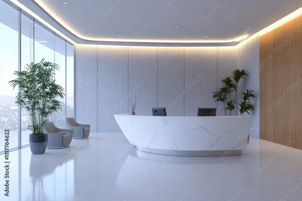 Reception area with white curved desk, wooden paneling, indoor plants, and cozy seating under soft lighting Reception area with white curved desk, wooden paneling, indoor plants, and cozy seating under soft lighting