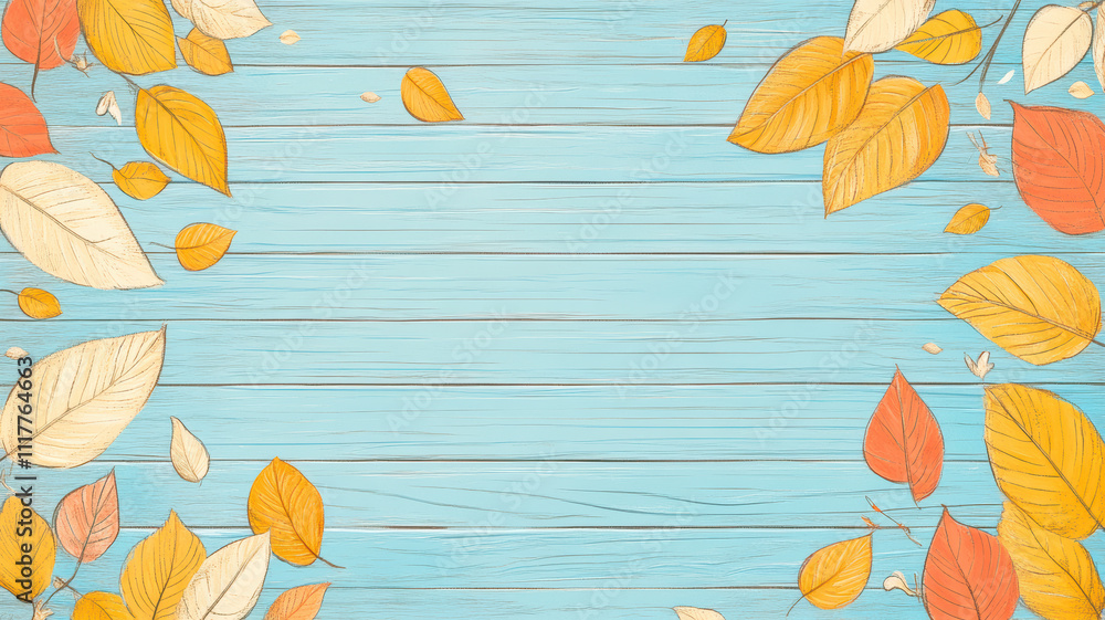Fototapeta premium Colorful fall leaves on a blue wooden surface