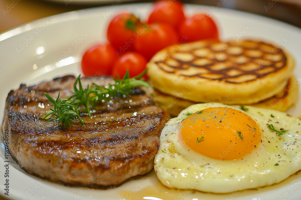 Breakfast of steak and eggs with homemade pancakes. Breakfast of steak and eggs with homemade pancakes.