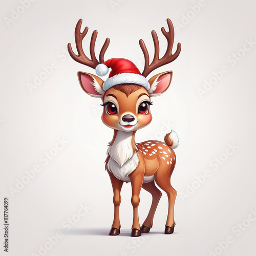 Cute cartoon deer, full body, wearing a red Christmas hat, vibrant colors, isolated on a white background.   photo