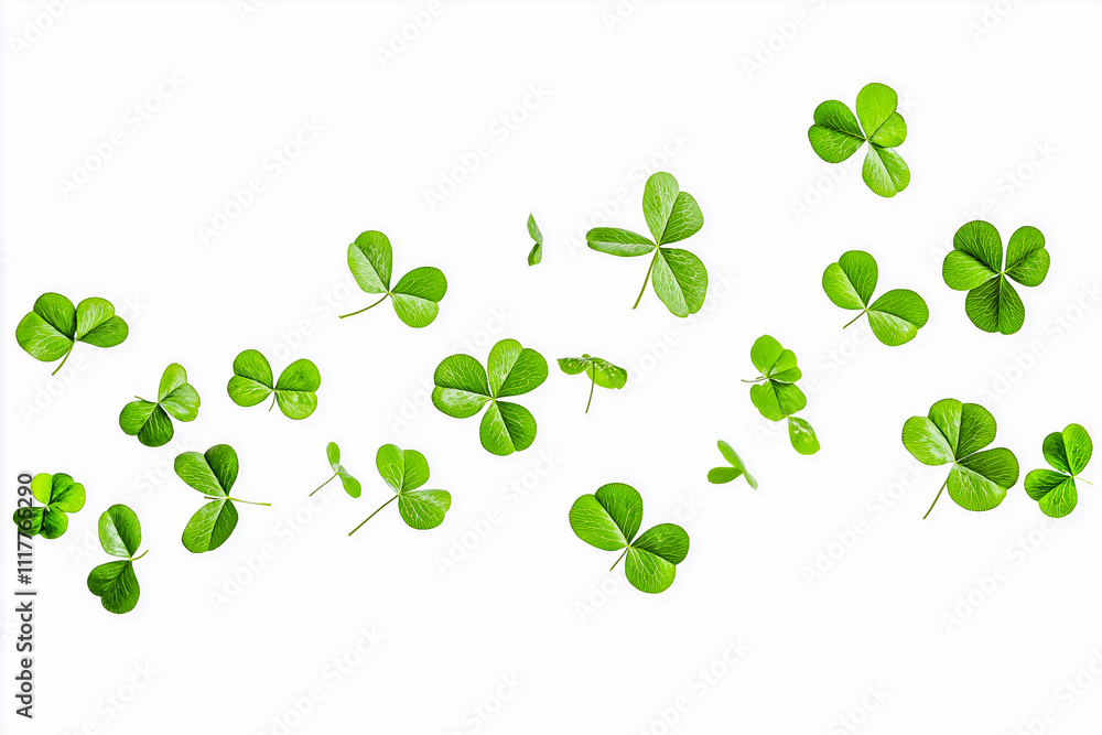 Clover shamrock vector irish pattern. St Patrick day realistic green border for banner with leaf confetti. Clover shamrock vector irish pattern. St Patrick day realistic green border for banner with leaf confetti.