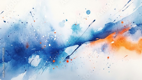 Abstract Watercolor Painting Blue, Orange, and White Splashes.