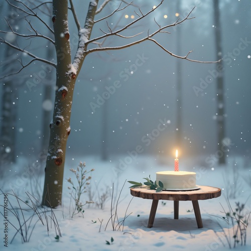 Serene Minimalist Winter Birthday, Snow-Covered Forest Cake Scene photo