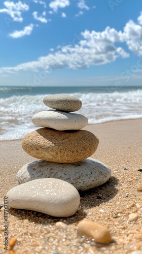 A stack of smooth, rounded stones is carefully balanced on the sandy shore. Gentle waves lap at the beach, and fluffy clouds float overhead on a bright day photo