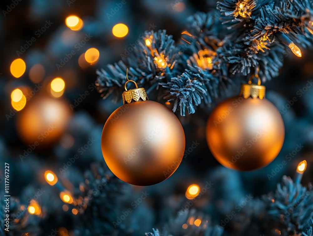 Golden Ornaments Adorn A Christmas Tree With Lights Golden Ornaments Adorn A Christmas Tree With Lights