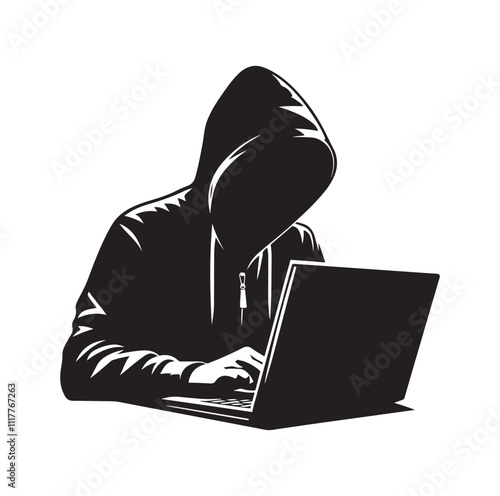 Computer hacker with laptop silhouette vector illustration