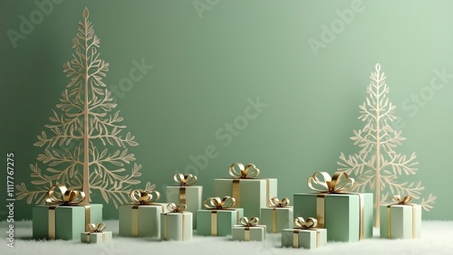 Serene Winter Wonderland, Minimalist Christmas Tree & Elegant Gift Boxes with Gold Paper Cutouts on Sage Green Background