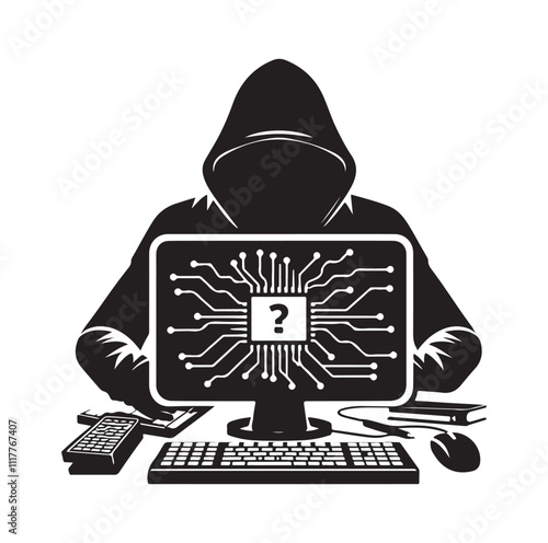 Computer hacker with laptop silhouette vector illustration