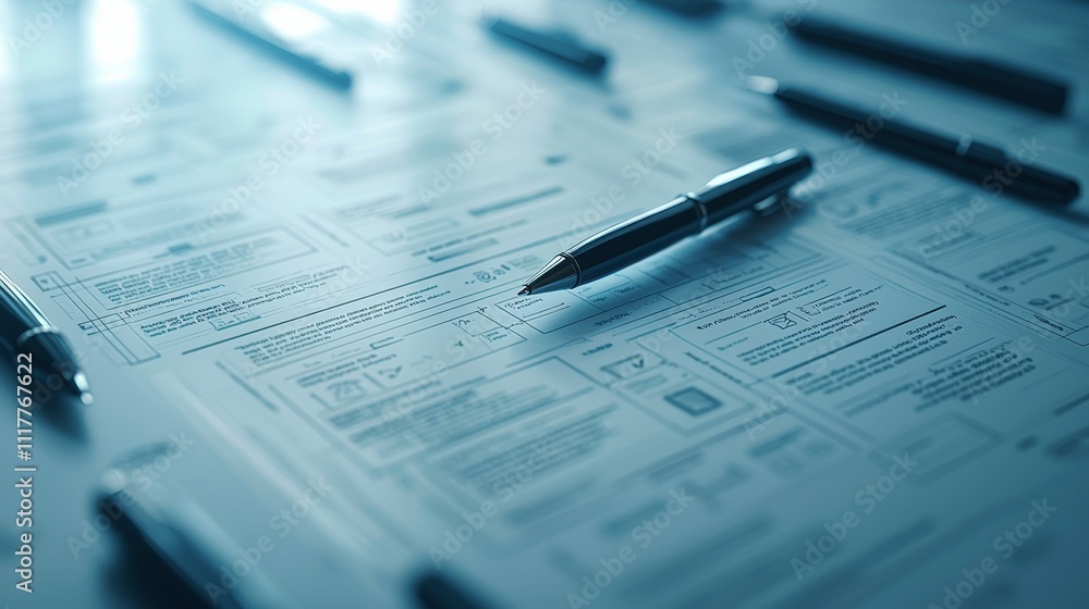 Detailed Blueprint with Pens on Table for Creative Design and Planning in Modern Work Environment Detailed Blueprint with Pens on Table for Creative Design and Planning in Modern Work Environment